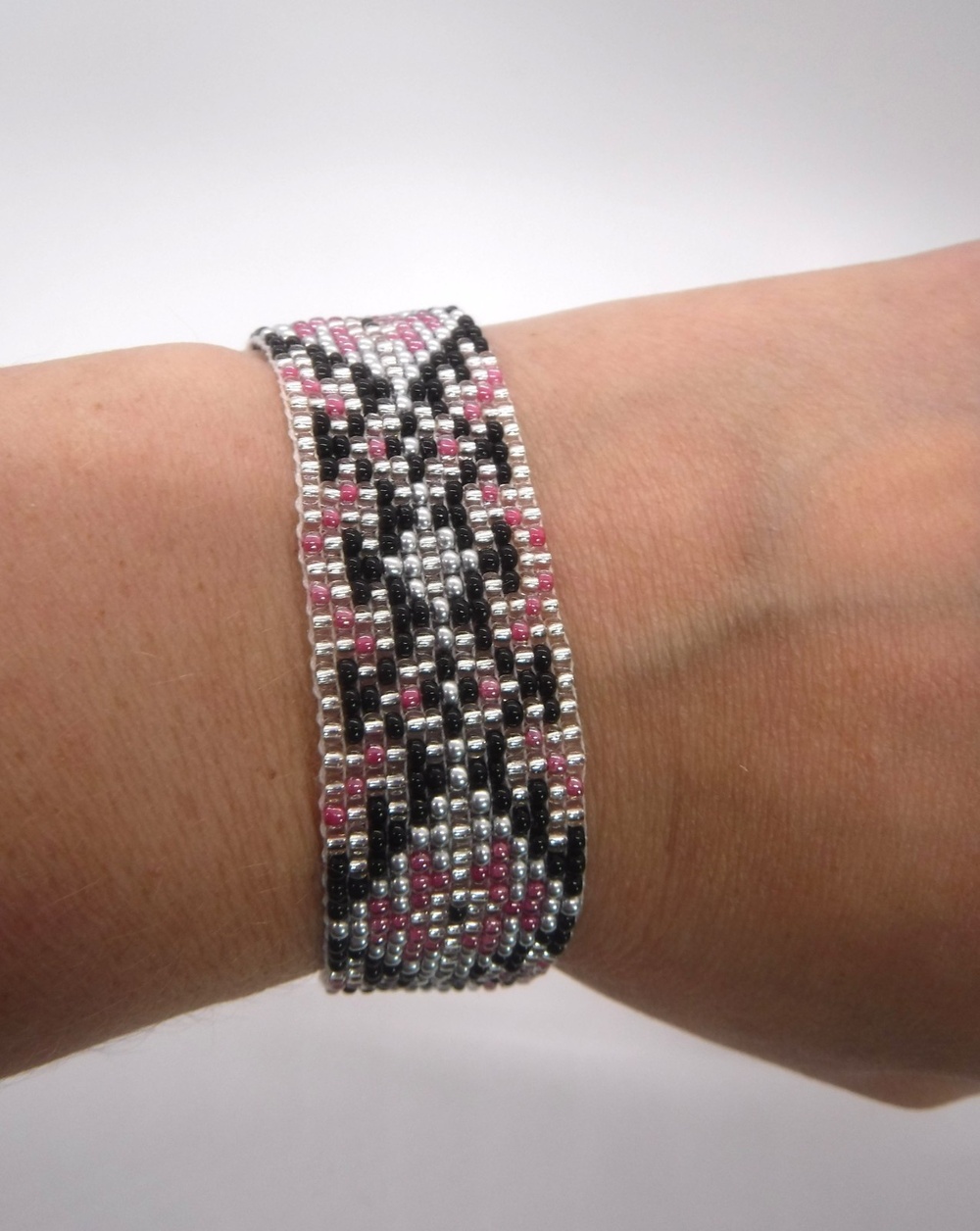 Loom Beaded Bracelet Black, Pink & Silver